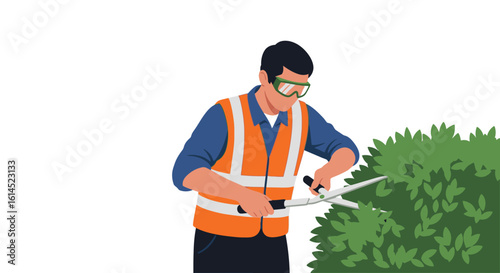 Gardening concept. Worker trimming green bushes with hedge shears while wearing safety vest. Vector illustration.