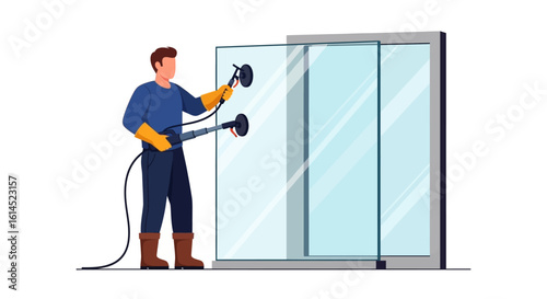 Glass installation illustration. Professional worker handling large glass panel using suction tools. Vector illustration.