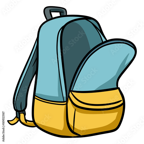 Cartoonish Open Blue and Yellow Backpack For School Supply Illustration