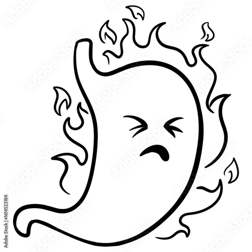 Outline Handdrawn Upset Stomach Pain with Fire Cartoon Illustration