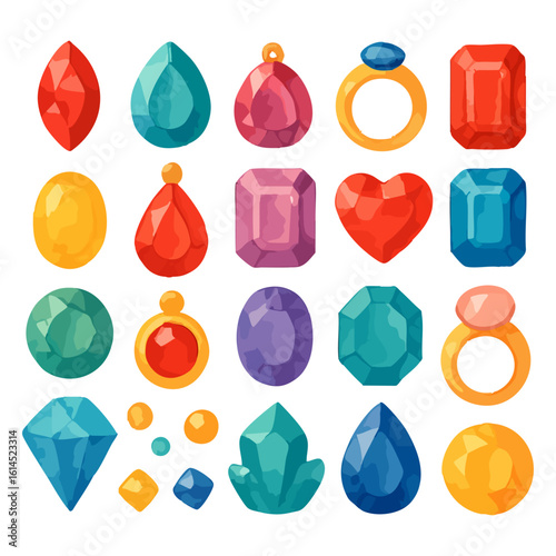 Vibrant Gemstone and Crystal Icon Set, Colorful Jewelry Illustration with Rich Details