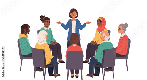 Group discussion set. Diverse individuals seated in a circle with a facilitator leading the session. Vector illustration.
