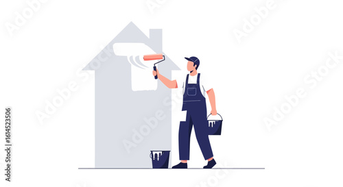 House painting concept. Male painter with paint roller and bucket working on home improvement project. Vector illustration.