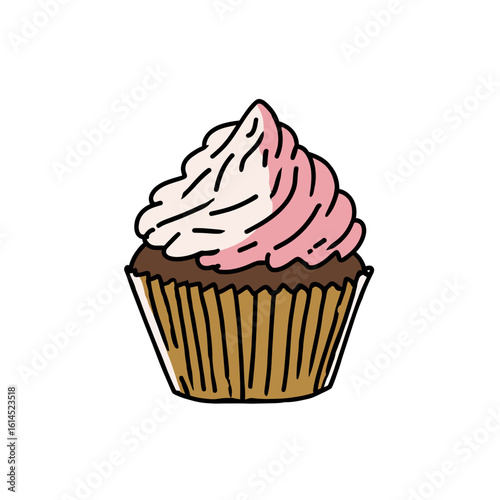 A delicious, hand-drawn cartoon chocolate cupcake with a generous swirl of pink frosting, a perfect and sweet illustration for birthdays, bakeries, and celebrations.
