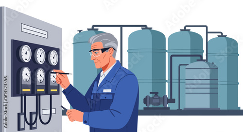 Industrial operator at control panel. Technician monitors pressure gauges in a water filtration plant with large tanks. Vector illustration.