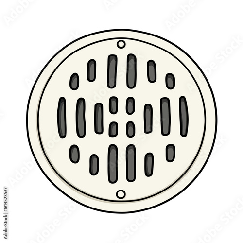 A simple, hand-drawn cartoon illustration of a round drain cover with a unique slotted pattern, a functional and essential fixture for plumbing and drainage systems.
