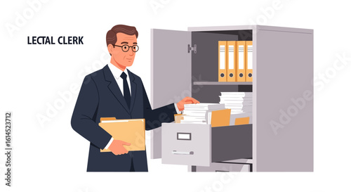 Legal clerk concept set. Professional standing beside filing cabinet organizing paperwork and documents. Vector illustration.