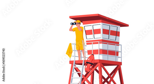 Lifeguard tower illustration. Male lifeguard looking through binoculars at a beach tower with safety equipment. Vector illustration.