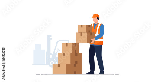 Logistics worker illustration. Man in safety vest stacking boxes near forklift for inventory management and transportation. Vector illustration.