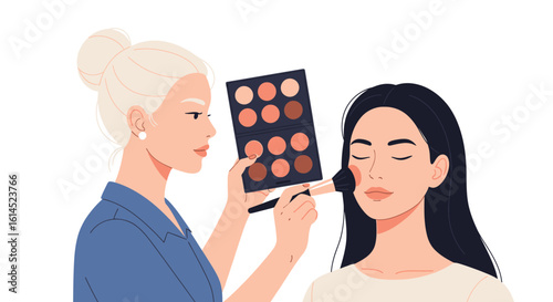 Makeup application scene. A professional artist applies cosmetics using brush and palette. Vector illustration.