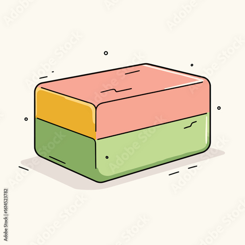 A simple and playful, hand-drawn cartoon illustration of a colorful, two-layered bar of soap, a minimalist icon for cleanliness, hygiene, and bath time fun.
