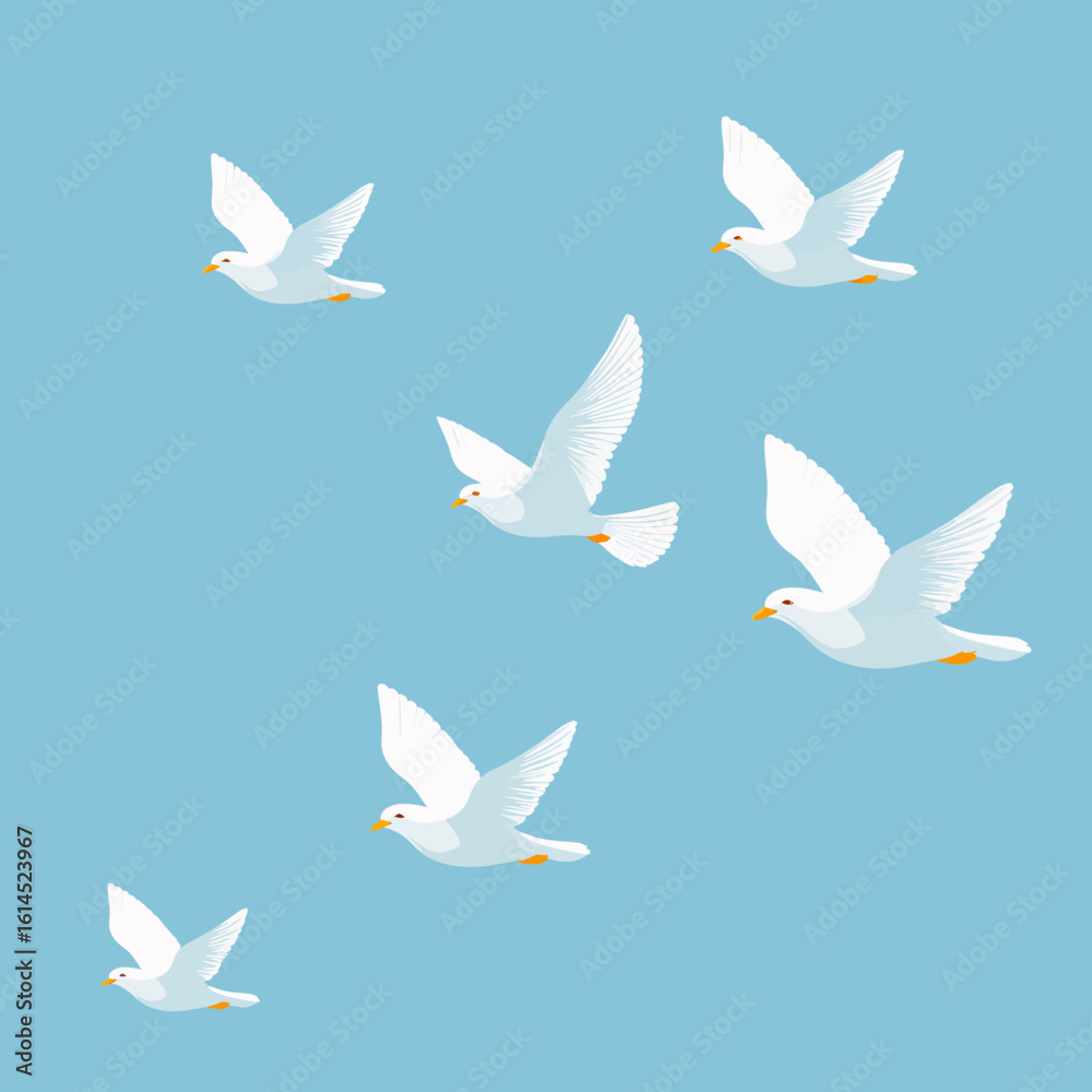 Obraz premium A serene and graceful flock of white doves flying upwards in a clear blue sky, a powerful, minimalist symbol of peace, freedom, hope, and spiritual release. 
