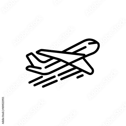 A dynamic, minimalist line art icon of an airplane taking off, representing travel, departure, speed, and the beginning of a journey or new adventure.

