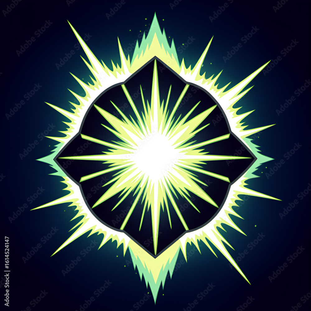 Bright energetic explosion radiating from a dark geometric shape against a dark background Bright energetic explosion radiating from a dark geometric shape against a dark background