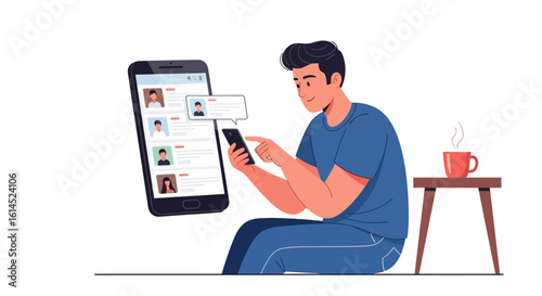 Online communication concept. Person browsing profiles and sending messages via smartphone app. Vector illustration.