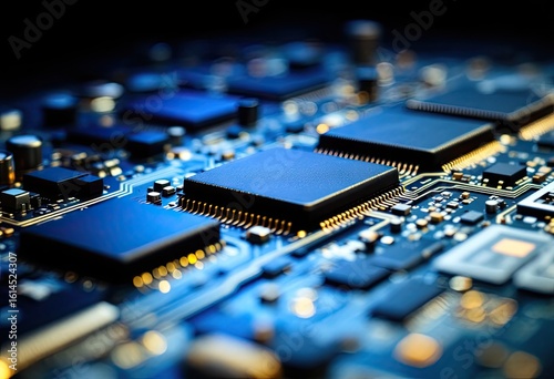 Close-up of a circuit board featuring several large integrated circuits, surrounded by smaller components and intricate circuitry, illuminated with a dramatic blue light
