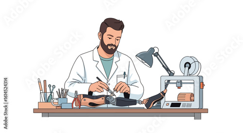 Prosthetics manufacturing concept. Technician creates customized prosthetic limb using tools and 3D printer. Vector illustration.