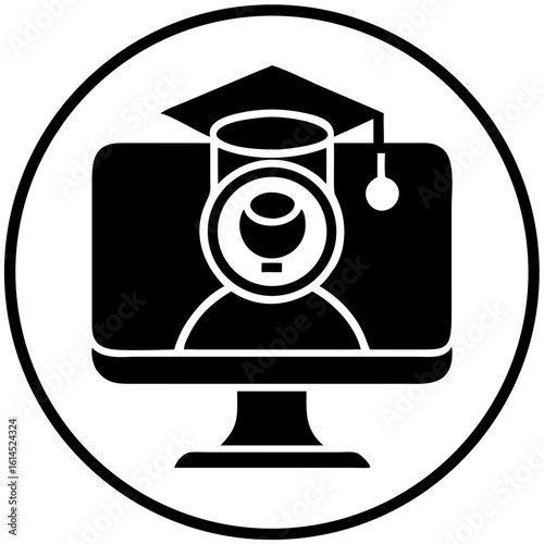 Student with graduation cap using webcam on computer screen  