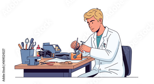Prosthetics development concept. Medical professional crafting and adjusting prosthetic limb using specialized tools at a workshop. Vector illustration.