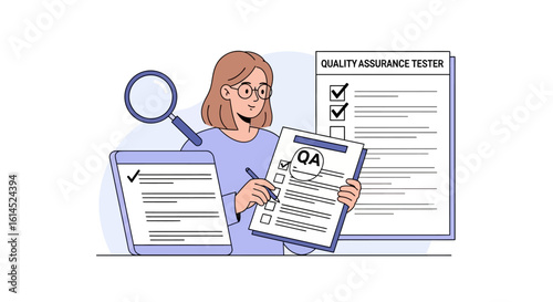 Quality assurance concept. Female character holding checklist with QA tester documents, magnifying glass, and ticked forms. Vector illustration.