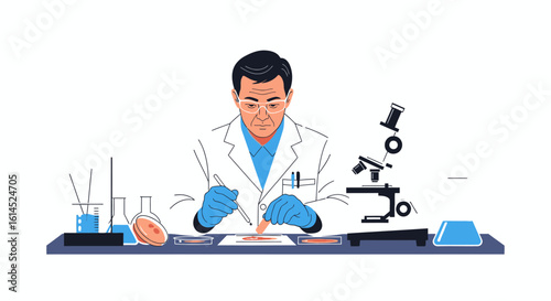 Laboratory research illustration. Scientist conducting experiments with lab equipment, microscope, and samples. Vector illustration.