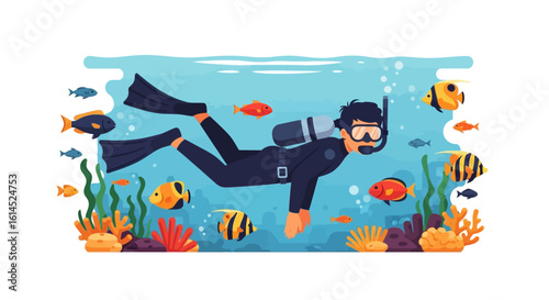 Underwater diving scene. Scuba diver exploring coral reef surrounded by colorful tropical fish. Vector illustration.