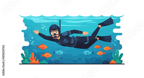 Scuba diving illustration. Diver exploring underwater marine life with colorful fish and coral reefs. Vector illustration.