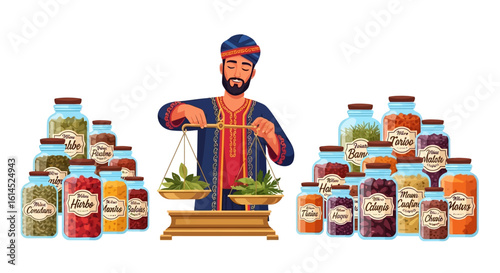 Spice merchant illustration. Traditional seller weighing herbs and spices surrounded by labeled jars, showcasing regional ingredients. Vector illustration.