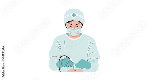 Surgeon performing procedure. Medical professional in scrubs working on a surgical operation with precision instruments. Vector illustration.