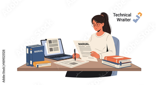 Technical writer workspace. Professional individual writing and editing manuals with laptop, documents, and books. Vector illustration.