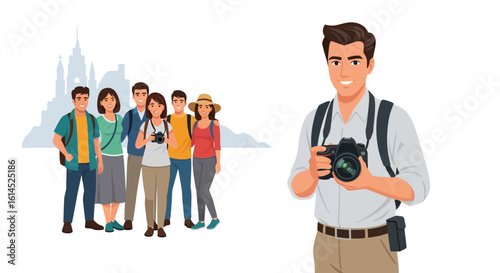 Travel photography set. Group of tourists with backpacks and cameras exploring landmarks, led by professional photographer. Vector illustration.