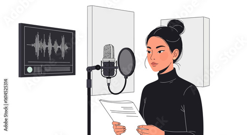 Voice recording session. Female figure reading a script with professional microphone setup in a soundproof studio. Vector illustration.