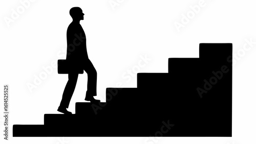 Silhouette of a businessman with briefcase climbing stairs representing career advancement and success path