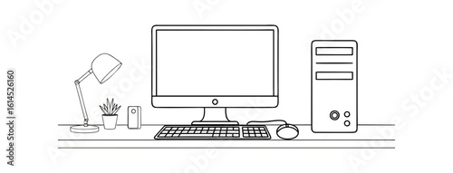 Wallpaper Mural Illustration of vector outline detail from the complete desktop computer setup, including monitor, CPU, keyboard, mouse, desk light, and plant on the workbench. Suitable for technology and office them Torontodigital.ca