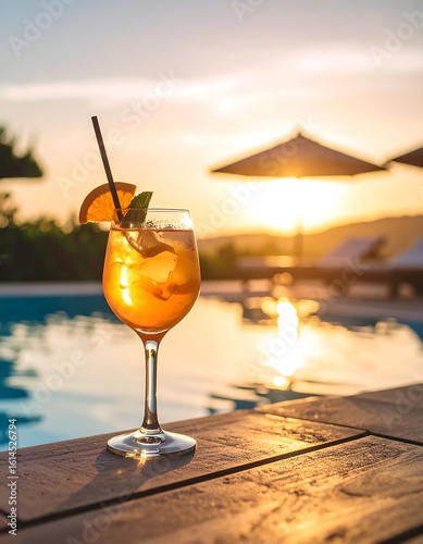 Sunset cocktail by a pool, idyllic summer scene