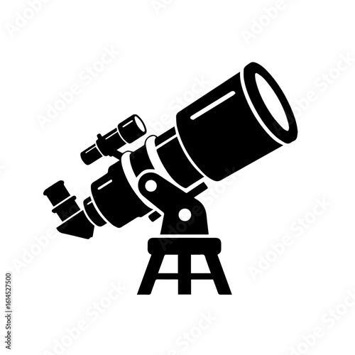 Simple black silhouette of a large astronomical telescope on a tripod.