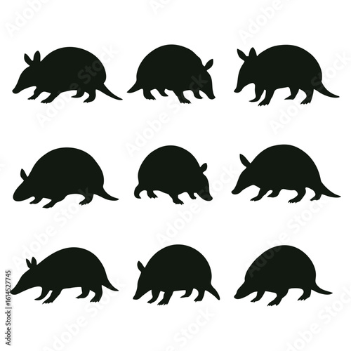 Silhouette illustrations of nine armadillos in various walking positions.