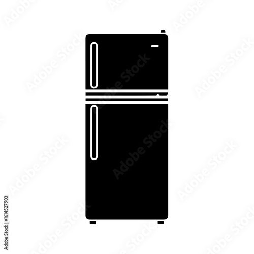 Black silhouette of a refrigerator with two doors, a freezer on top and a fridge below, on a white background.