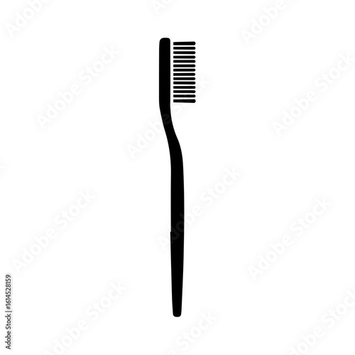 A black silhouette of a toothbrush, standing upright against a white background.