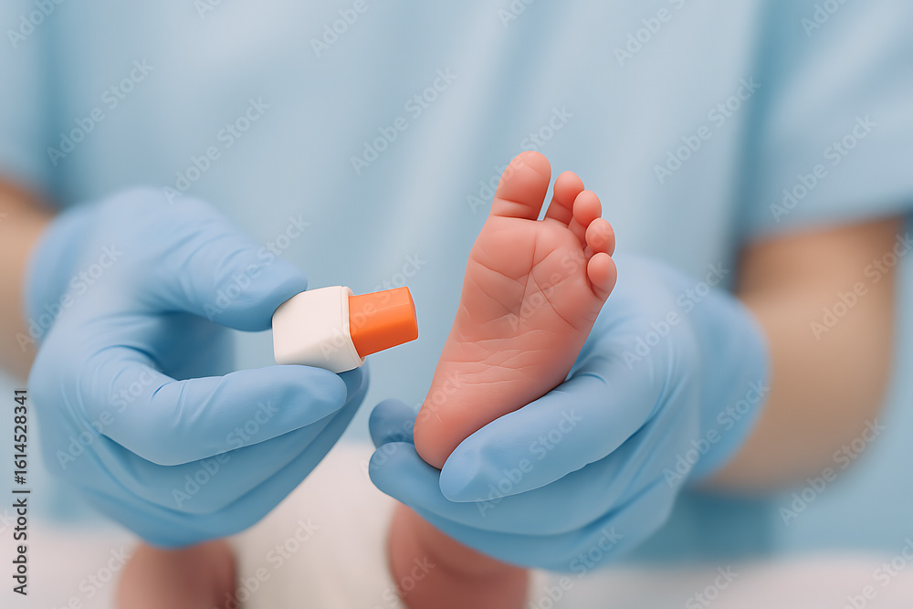 Fototapeta premium A healthcare professional performs a heel prick test on a newborn for blood sample collection using a lancet device.
