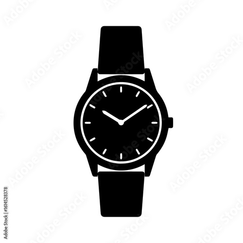 Simple black and white illustration of a classic wristwatch with a leather strap.