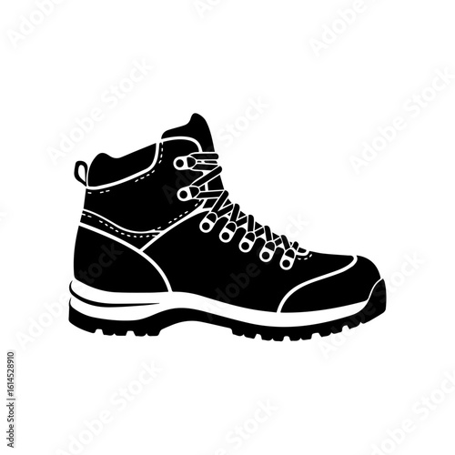 A sturdy, black hiking boot, laced up and ready for adventure.