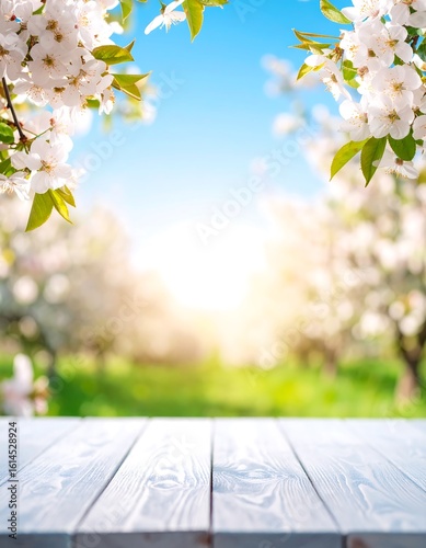 Whitewashed wooden planks in front of a bokeh-blurred orchard in springtime bloom