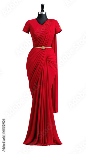 Elegant Red Dress with Draped Details and Belt for Formal Events and Special Occasions