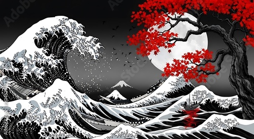 A japanese wave illustration featuring mount fuji red maple tree and full moon night sky