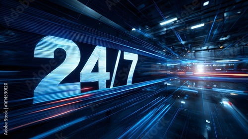Futuristic 24 7 digital display with streaking lights and abstract cityscape