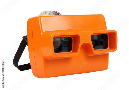An orange vintage viewmaster viewer with a black strap isolated on transparent background