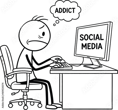Social media addiction concept illustration of a man addicted to social media use