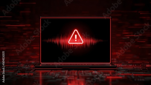 Glowing red warning symbol on laptop screen amidst digital glitch background