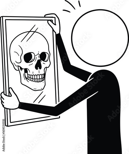 Stick figure holding a mirror reflecting a skull drawing art concept illustration